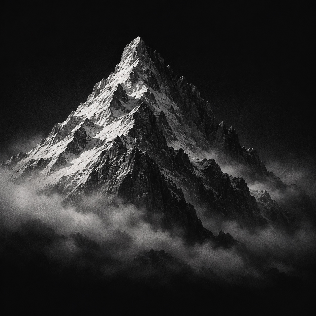 A silver mountain summit emerging through mist